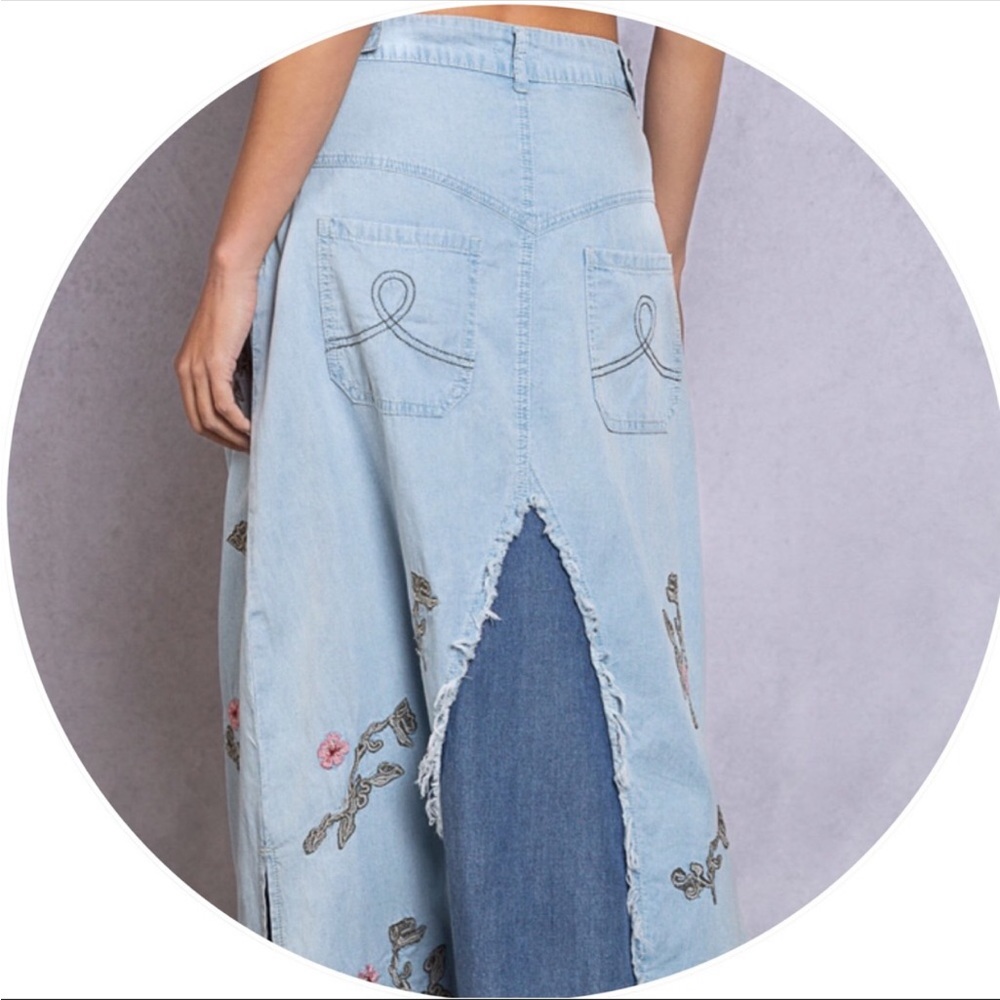 FLOWER CHILD Bohemian Long Denim Maxi Skirt - Picture 8 of 15